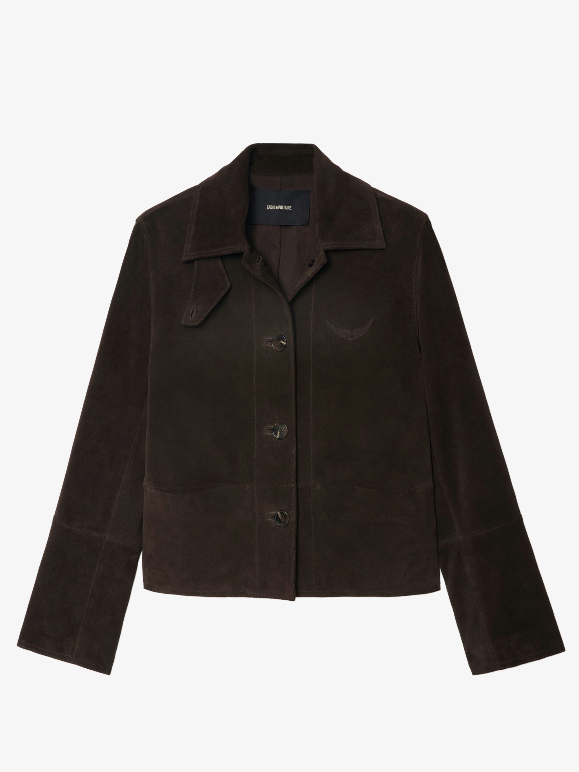 Lessa Suede Leather Jacket - Short buttoned jacket in suede leather with embossed wing on the back.